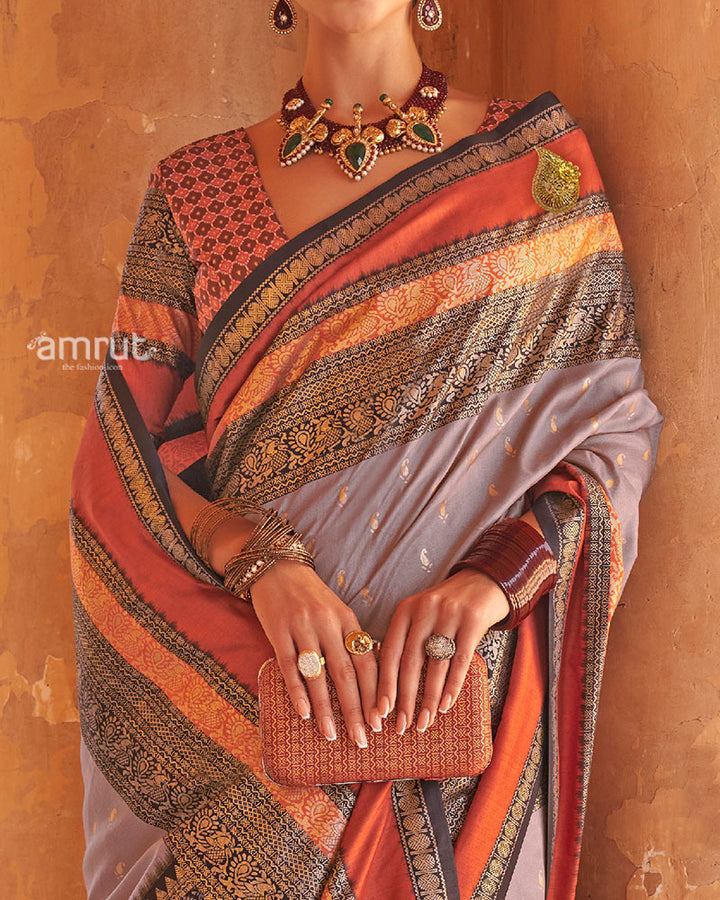 Lavender Grey and Rust Dual-Tone Borders Printed Patola Silk Saree with Unstitched Blouse 03