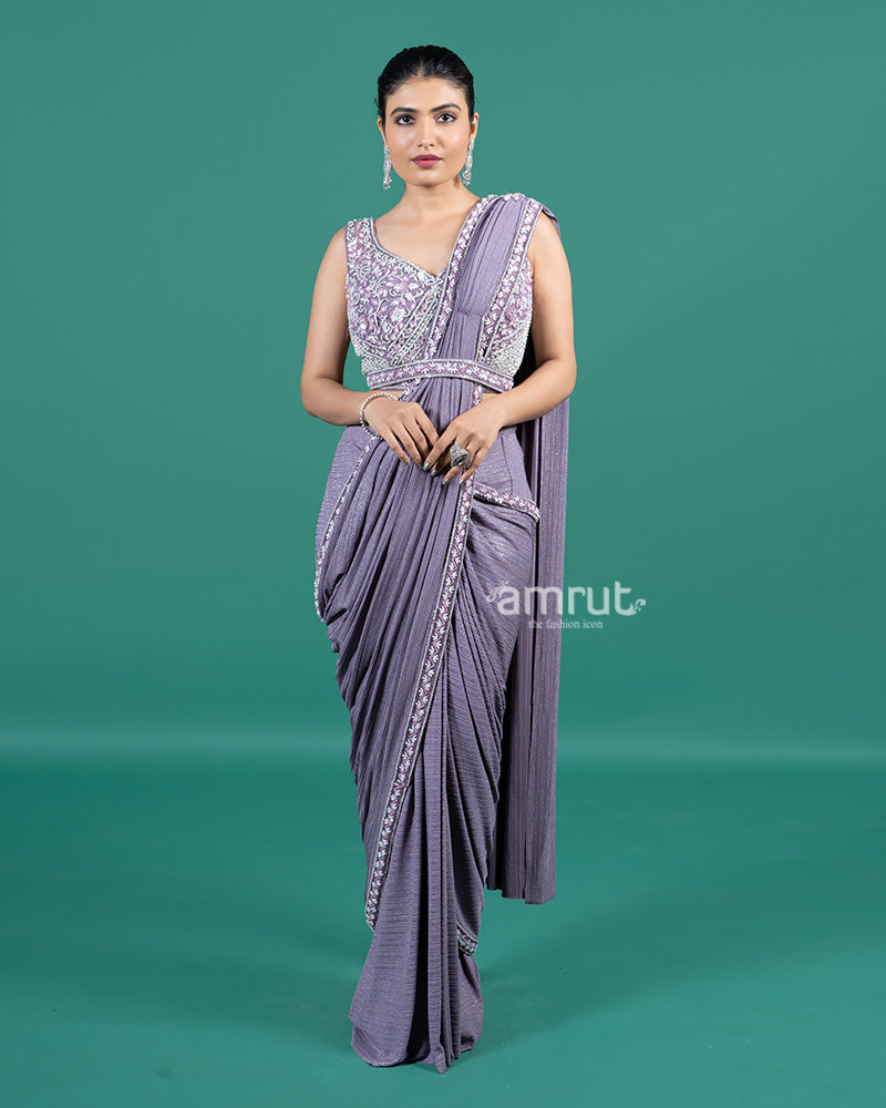 Lavender Pleated Lycra Ready to Wear Saree with Embroidered Blouse 01