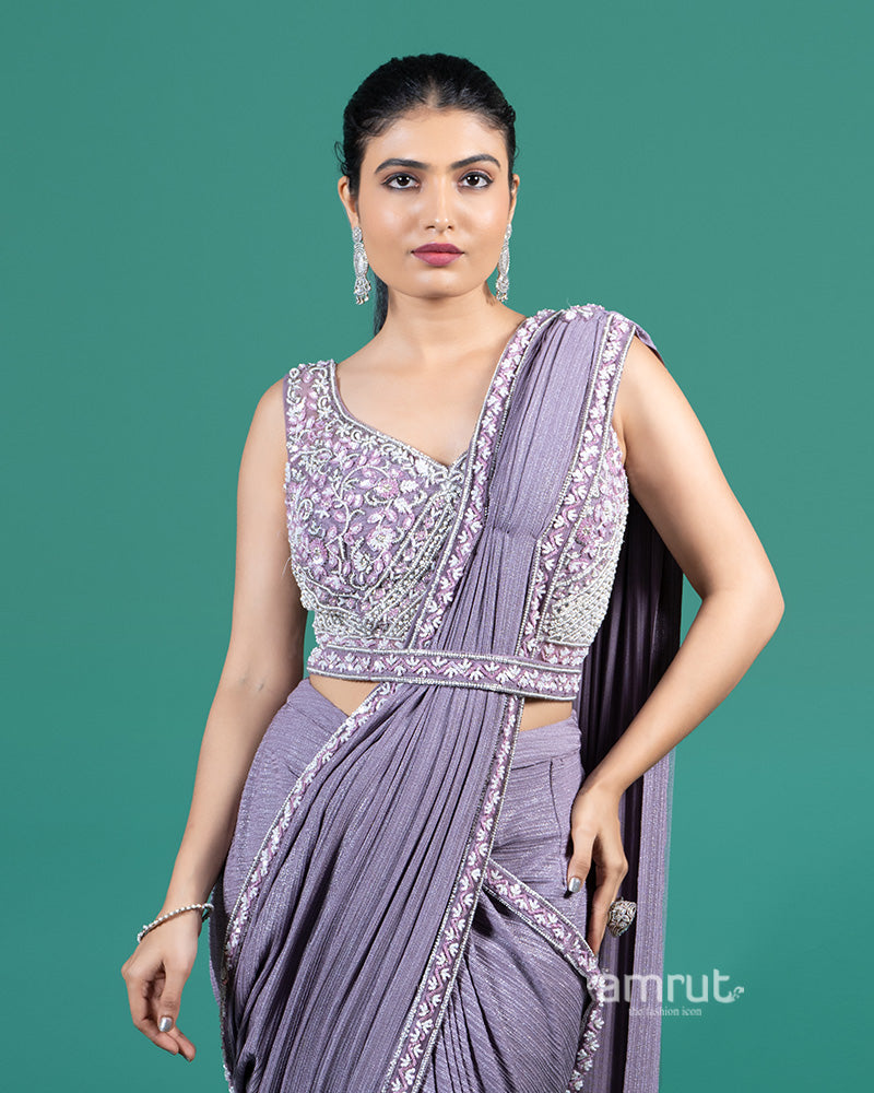 Lavender Pleated Lycra Ready to Wear Saree with Embroidered Blouse 02