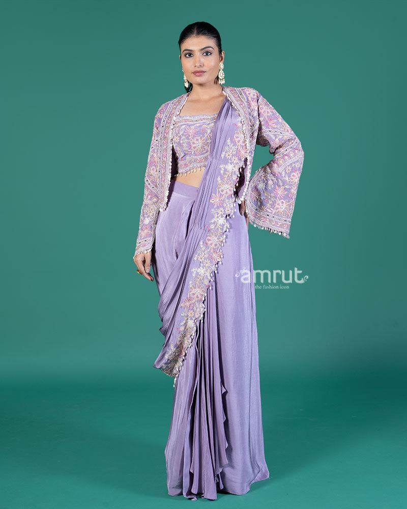 Lavender Ready to Wear Saree with Embroidered Blouse and Jacket 01