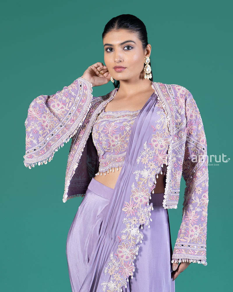 Lavender Ready to Wear Saree with Embroidered Blouse and Jacket 02