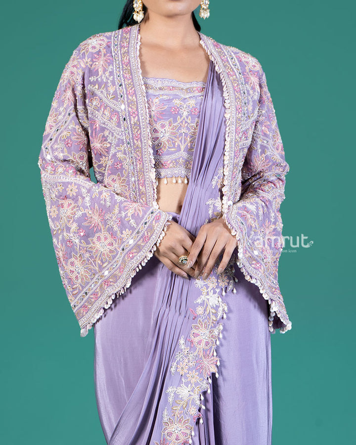 Lavender Ready to Wear Saree with Embroidered Blouse and Jacket 03