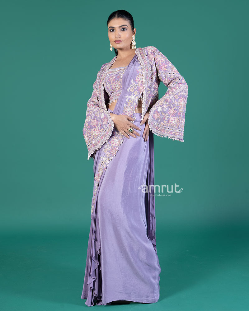 Lavender Ready to Wear Saree with Embroidered Blouse and Jacket 04