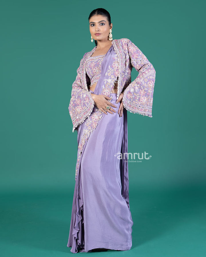 Lavender Ready to Wear Saree with Embroidered Blouse and Jacket 04