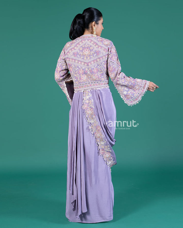 Lavender Ready to Wear Saree with Embroidered Blouse and Jacket 05
