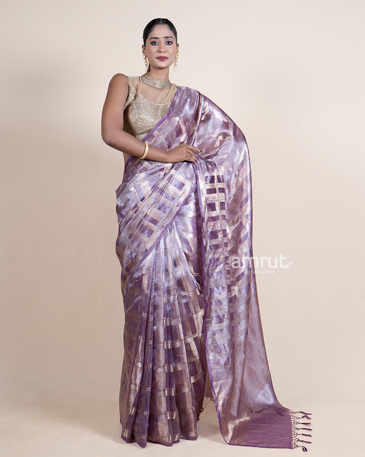 Lavender Tissue Silk Saree with Metallic Check Pattern and Unstitched Blouse 01