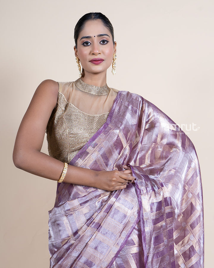 Lavender Tissue Silk Saree with Metallic Check Pattern and Unstitched Blouse 02