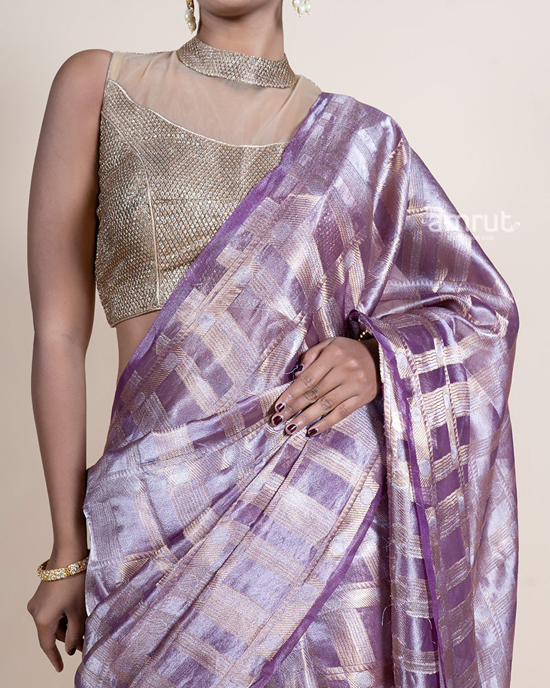 Lavender Tissue Silk Saree with Metallic Check Pattern and Unstitched Blouse 03