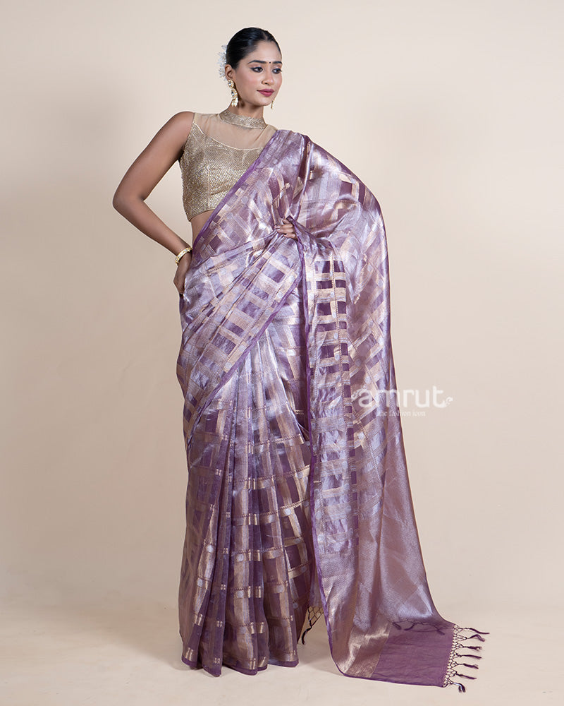 Lavender Tissue Silk Saree with Metallic Check Pattern and Unstitched Blouse 04