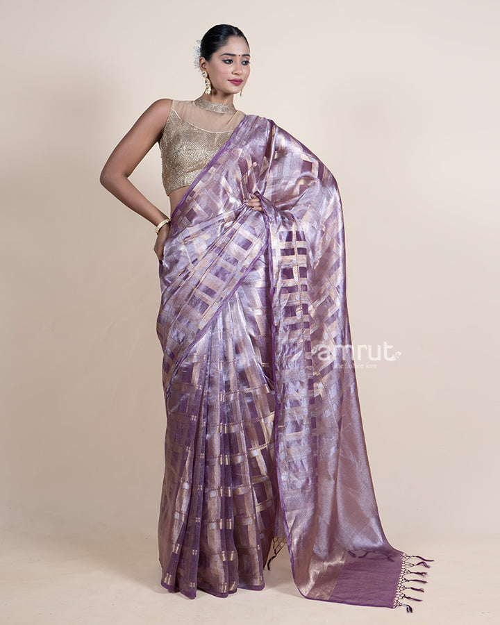 Lavender Tissue Silk Saree with Metallic Check Pattern and Unstitched Blouse 04