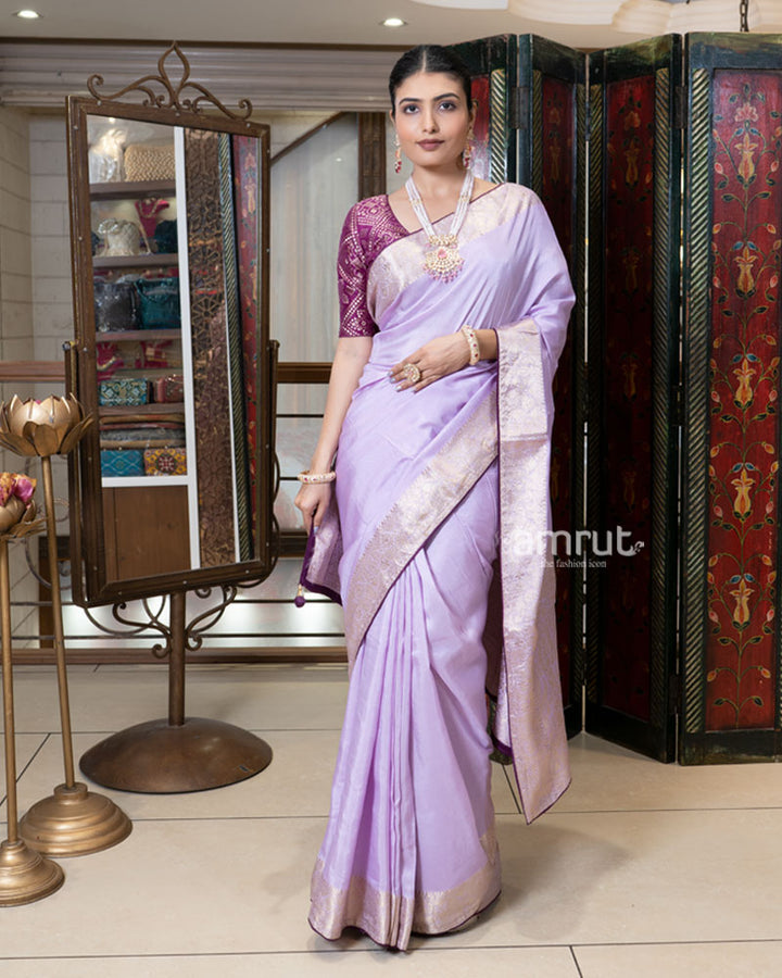 Lavender Zari Woven Silk Saree with Embroidered Wine Blouse 01