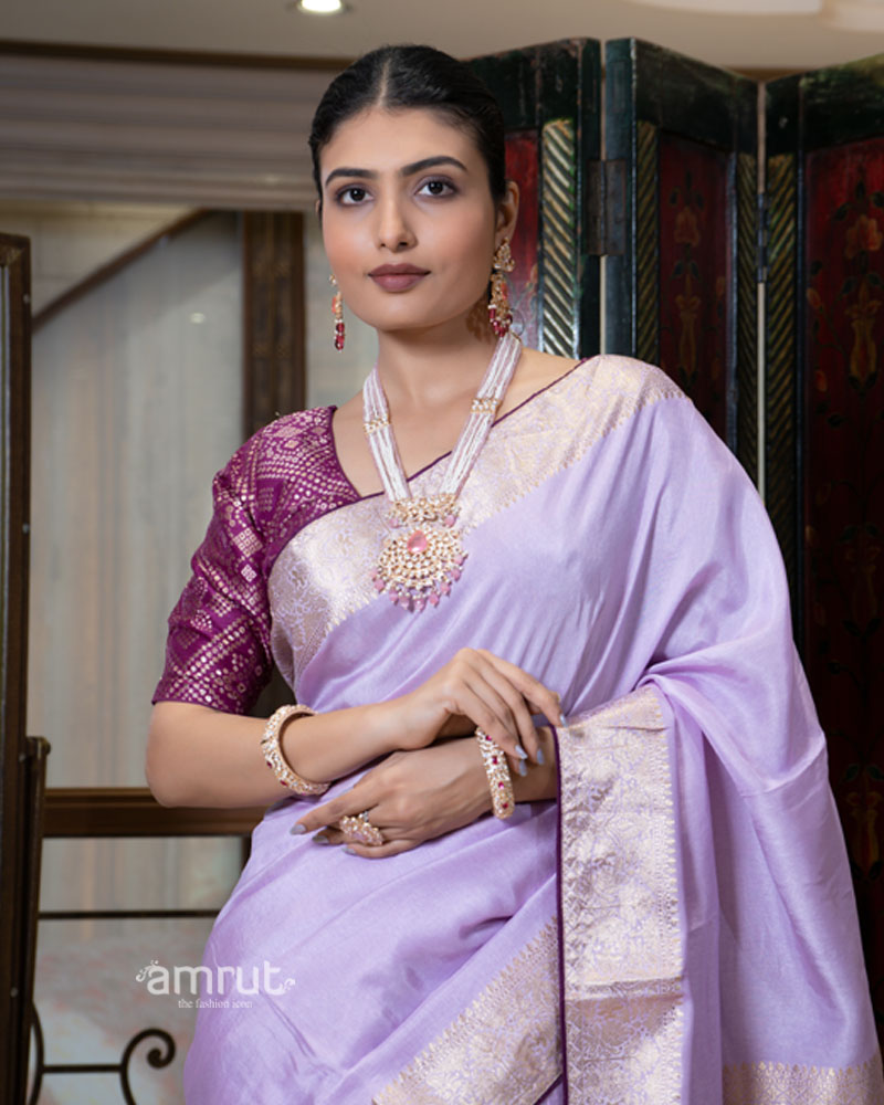 Lavender Zari Woven Silk Saree with Embroidered Wine Blouse 02