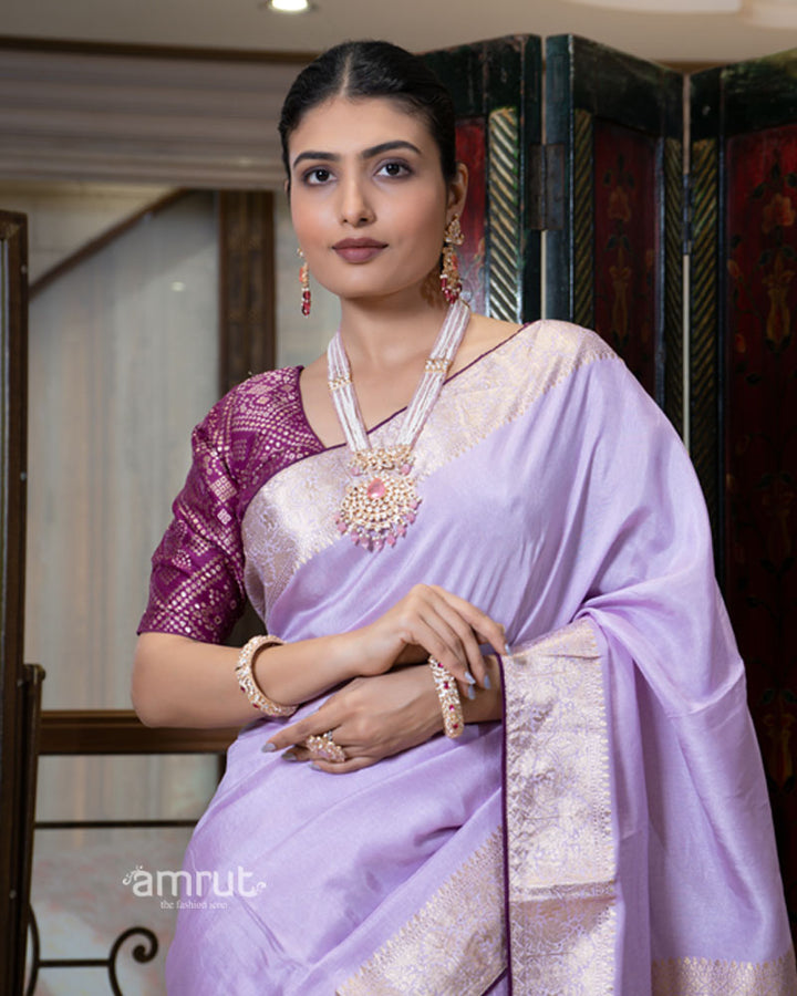 Lavender Zari Woven Silk Saree with Embroidered Wine Blouse 02
