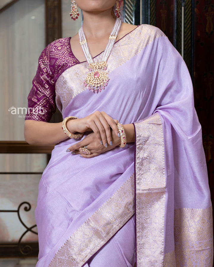 Lavender Zari Woven Silk Saree with Embroidered Wine Blouse 03