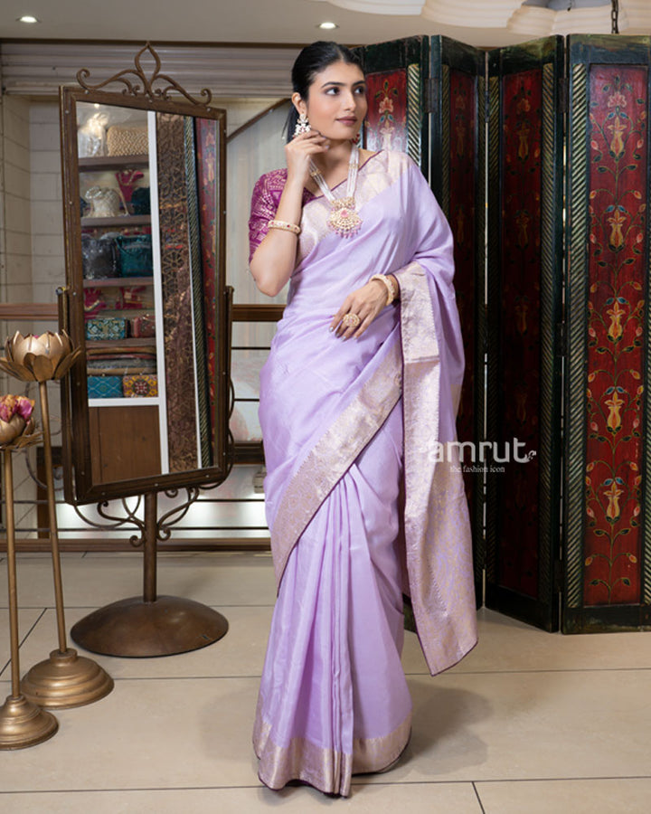 Lavender Zari Woven Silk Saree with Embroidered Wine Blouse 04