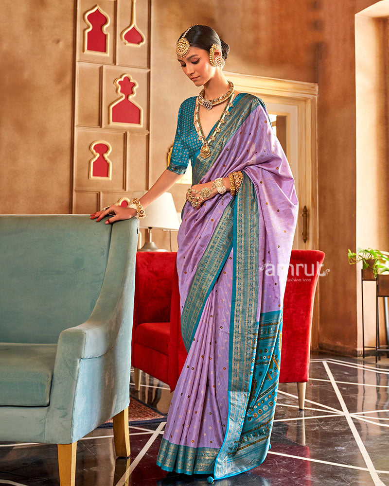 Lavender and Teal Foil Printed Patola Saree with Unstitched Blouse  01