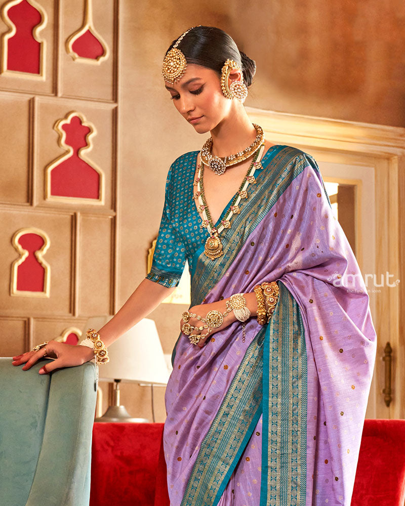 Lavender and Teal Foil Printed Patola Saree with Unstitched Blouse  02