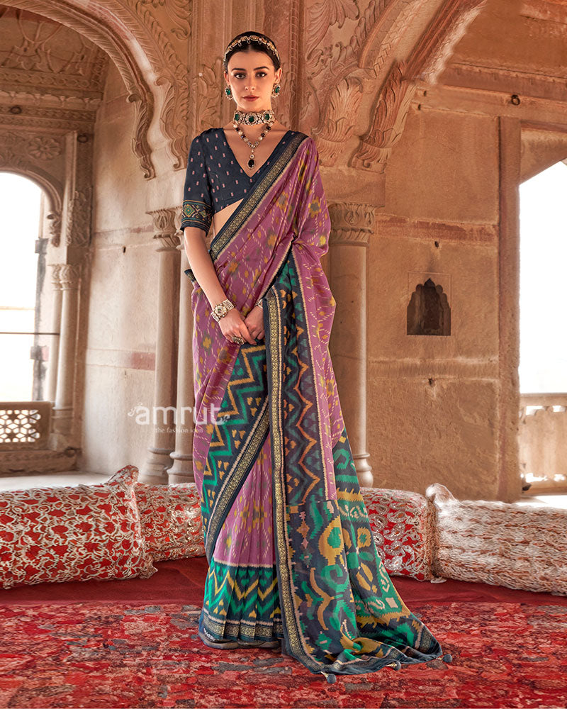Lavender and Teal  Ikat Patola Printed Saree with Unstitched Blouse 01