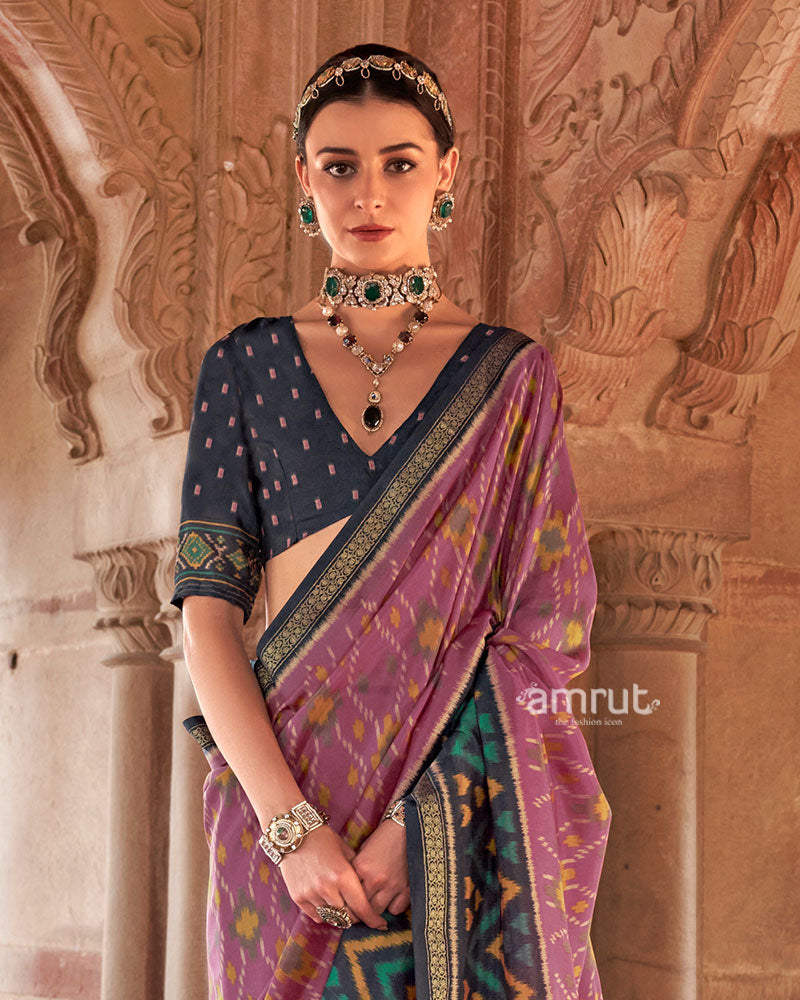 Lavender and Teal  Ikat Patola Printed Saree with Unstitched Blouse 02