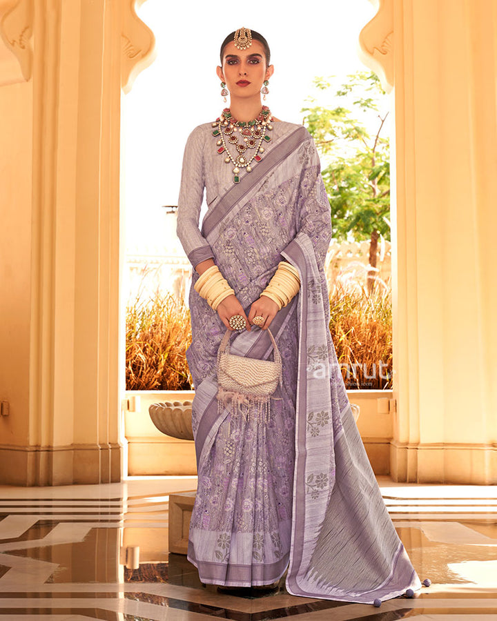 Lavender with Border Printed Saree and Unstitched Blouse 01