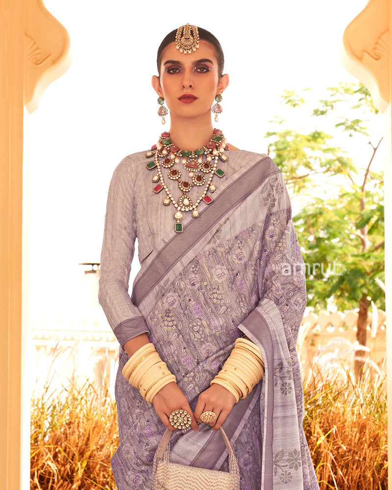 Lavender with Border Printed Saree and Unstitched Blouse 02