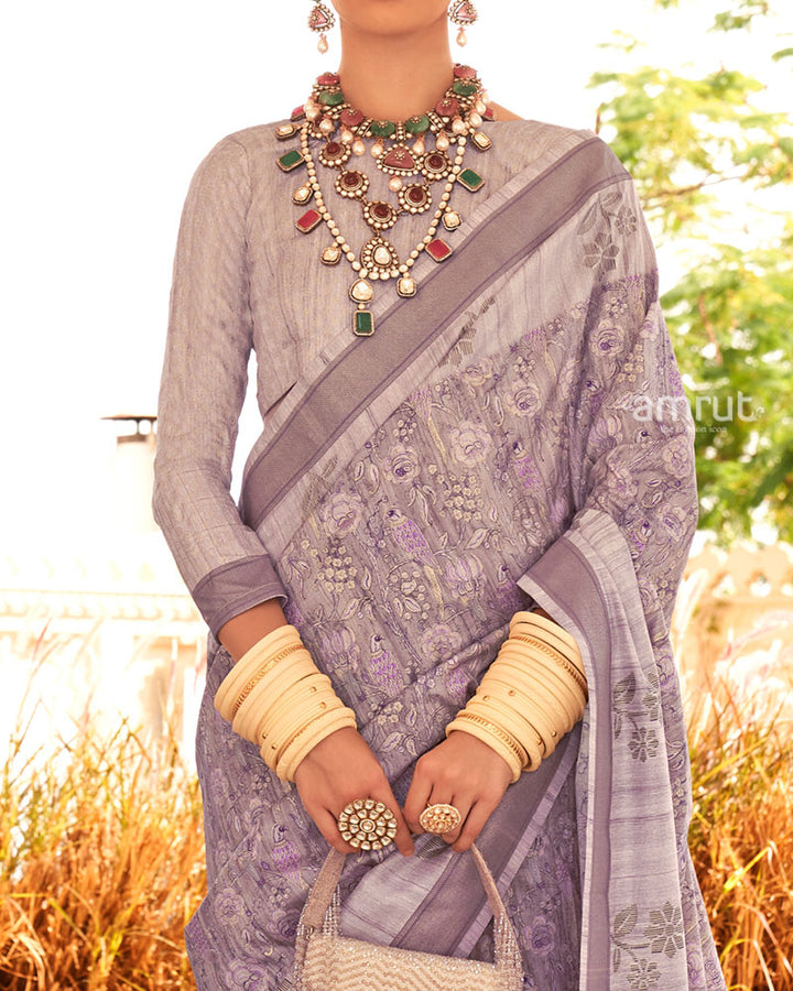 Lavender with Border Printed Saree and Unstitched Blouse 03