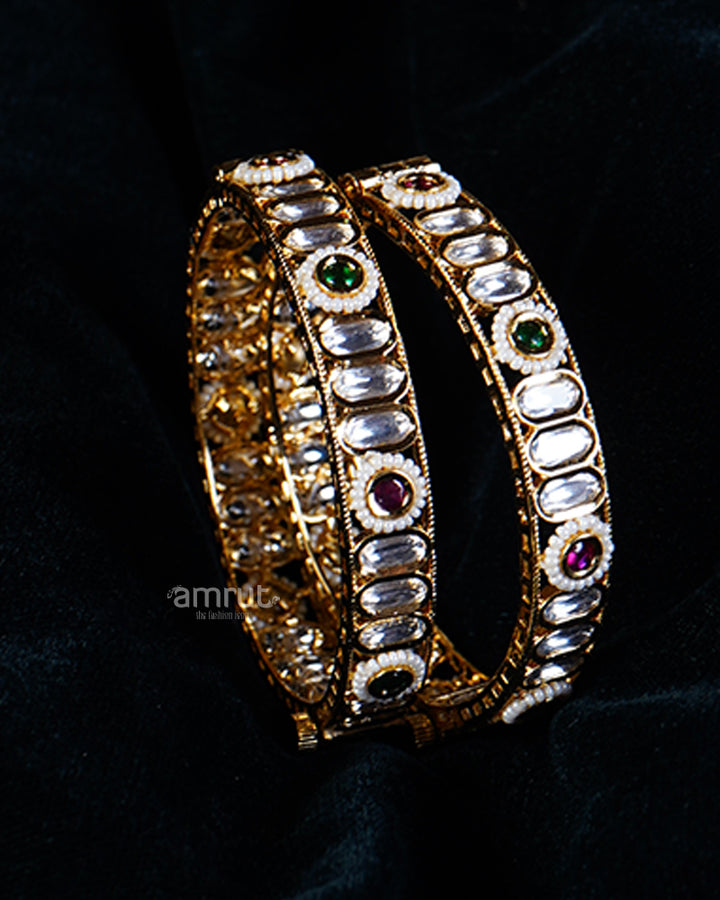 Layered Gold-Toned Bangle Set with Oval-Shaped Stone Accents 02