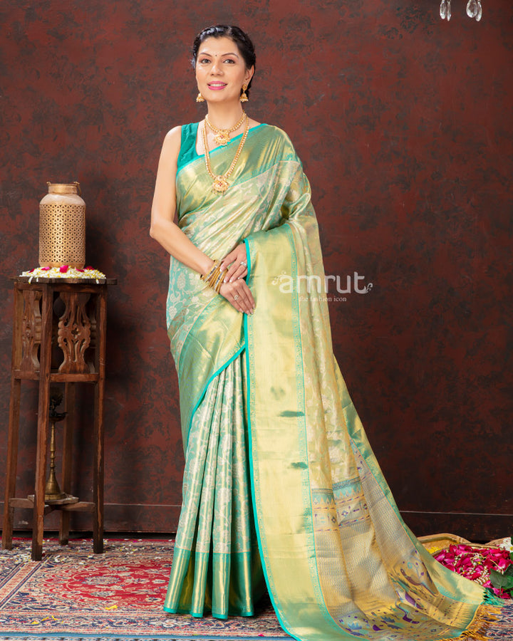 Leaf Green Floral  Kanjivaram Silk Saree With Unstitched Blouse