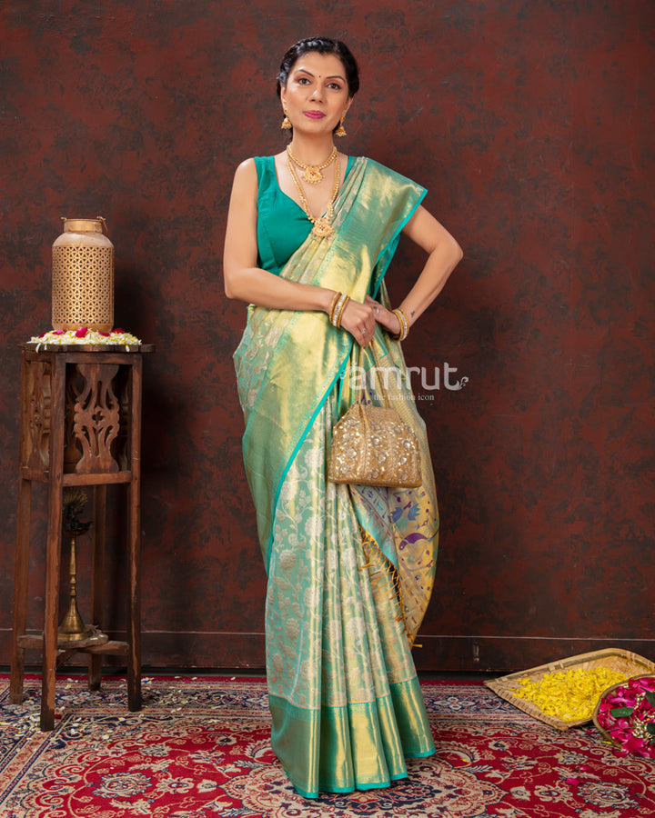 Leaf Green Floral  Kanjivaram Silk Saree With Unstitched Blouse