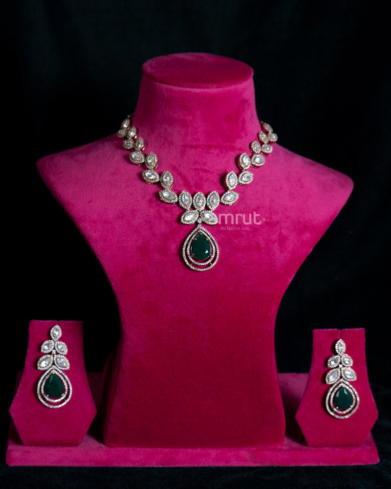 Leaf Design Necklace with Green Teardrop Gemstone and Matching Earrings 01