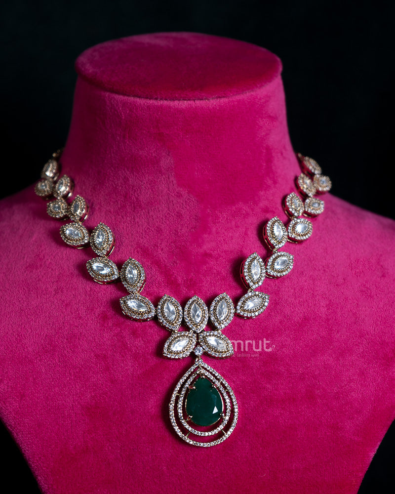 Leaf Design Necklace with Green Teardrop Gemstone and Matching Earrings 02