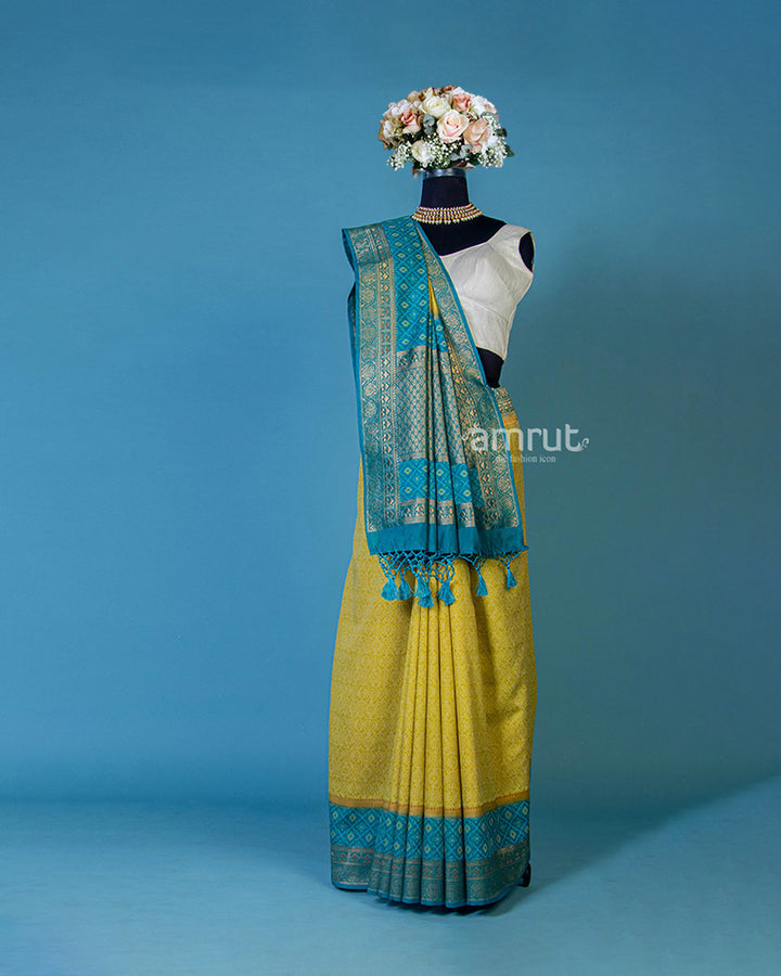 Lemon Yellow Badhani Saree in Cotton Silk With Teal Blue Pallu and Unstitched Blouse