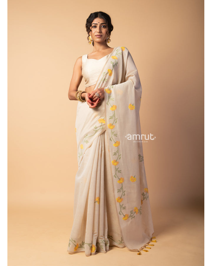 Light Beige  Printed Saree With Unstitched-Blouse