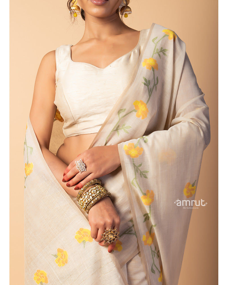 Light Beige  Printed Saree With Unstitched-Blouse