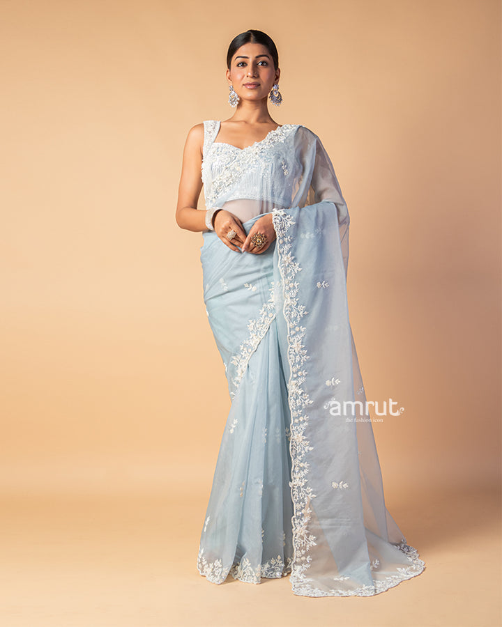 Light Blue Hand Embroidered Organza Saree With Stitched Blouse