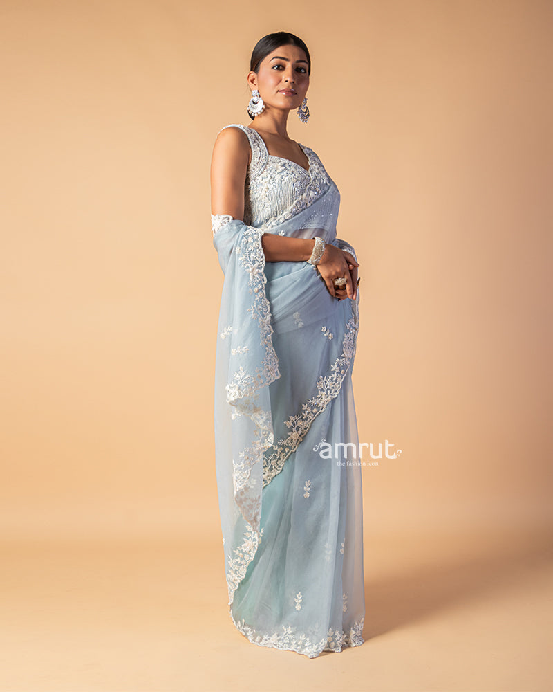 Light Blue Hand Embroidered Organza Saree With Stitched Blouse