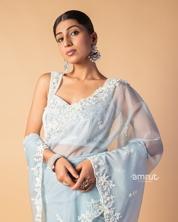 Light Blue Hand Embroidered Organza Saree With Stitched Blouse