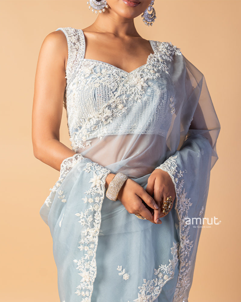 Light Blue Hand Embroidered Organza Saree With Stitched Blouse