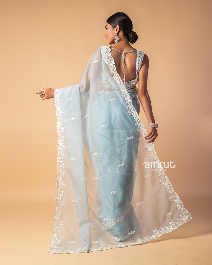 Light Blue Hand Embroidered Organza Saree With Stitched Blouse