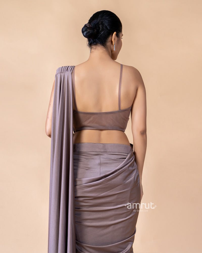 Light Brown Imported Lycra  Ready To Wear Saree With Net Blouse