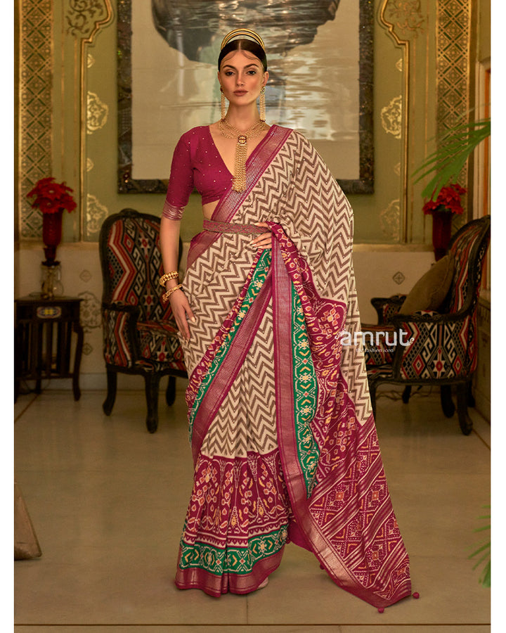 Light Brown Saree With Dark Pink Border And Unstitched Blouse