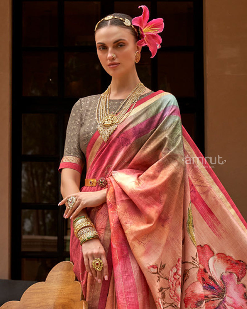 Light Carmine Pink Cotton Silk Saree With Unstitched Blouse