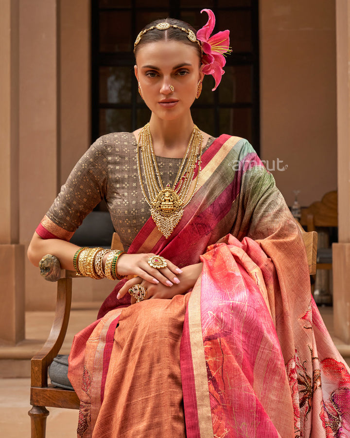 Light Carmine Pink Cotton Silk Saree With Unstitched Blouse