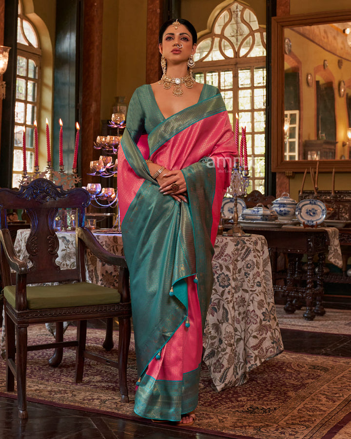 Light Carmine Pink Silk Saree With Unstitched Blouse