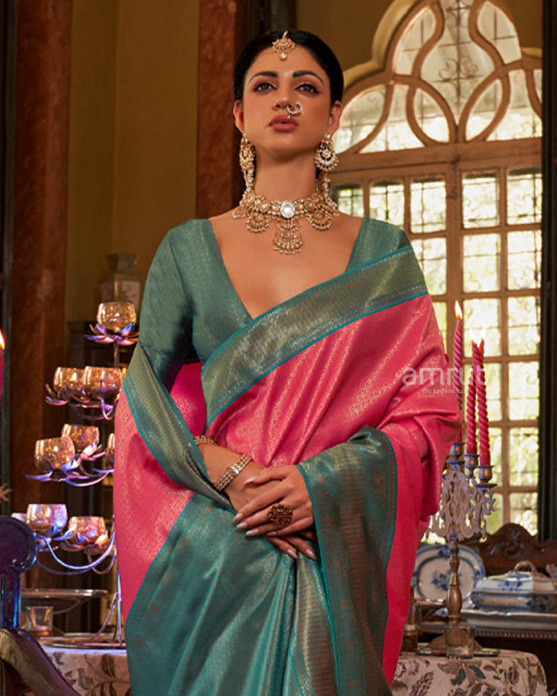 Light Carmine Pink Silk Saree With Unstitched Blouse