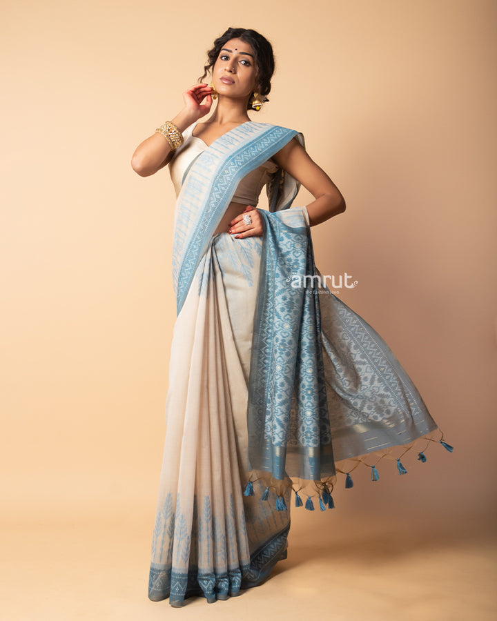 Light Cyan Blue Pure Cotton Saree With Unstitched-blouse