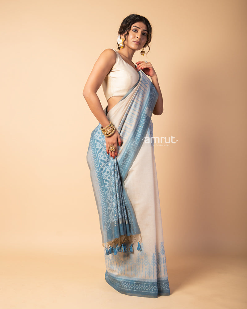 Light Cyan Blue Pure Cotton Saree With Unstitched-blouse