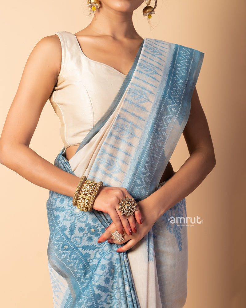 Light Cyan Blue Pure Cotton Saree With Unstitched-blouse