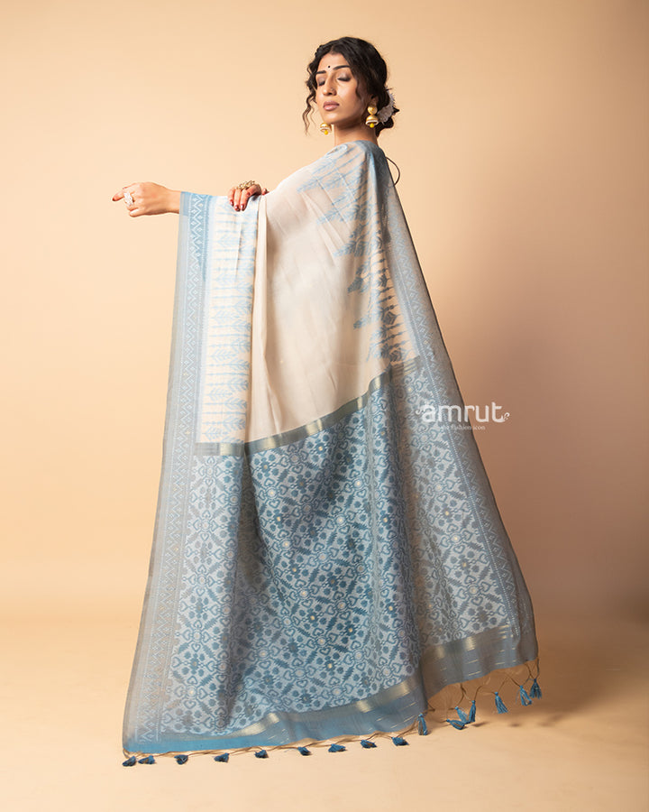 Light Cyan Blue Pure Cotton Saree With Unstitched-blouse