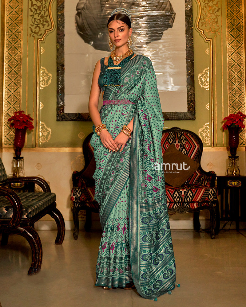 Light Green Saree Patola With Unstitched Blouse In Cotton Silk